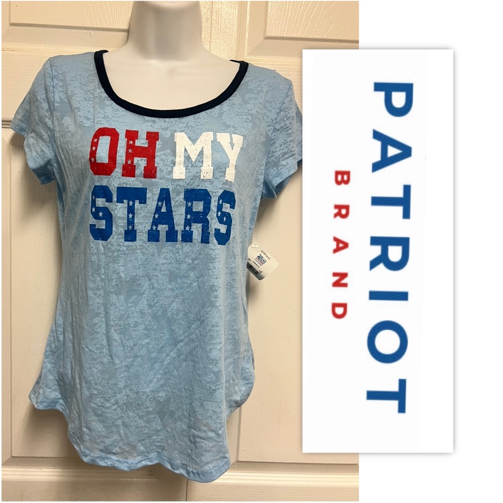 Patriotic Oh My Stars Text America Made in USA Blue Burnout Graphic Tee